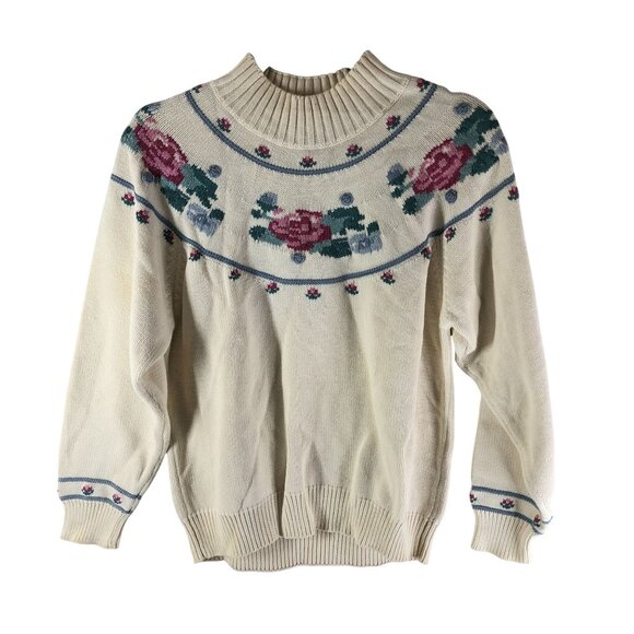Eddie Bauer Womens Vintage 90s Floral Grandma Sweater Ivory Cotton Crewneck M - Picture 1 of 3